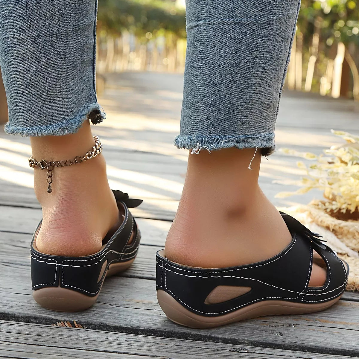 Flower open-toe wedge sandals, black wedges with flower ornament and ankle strap