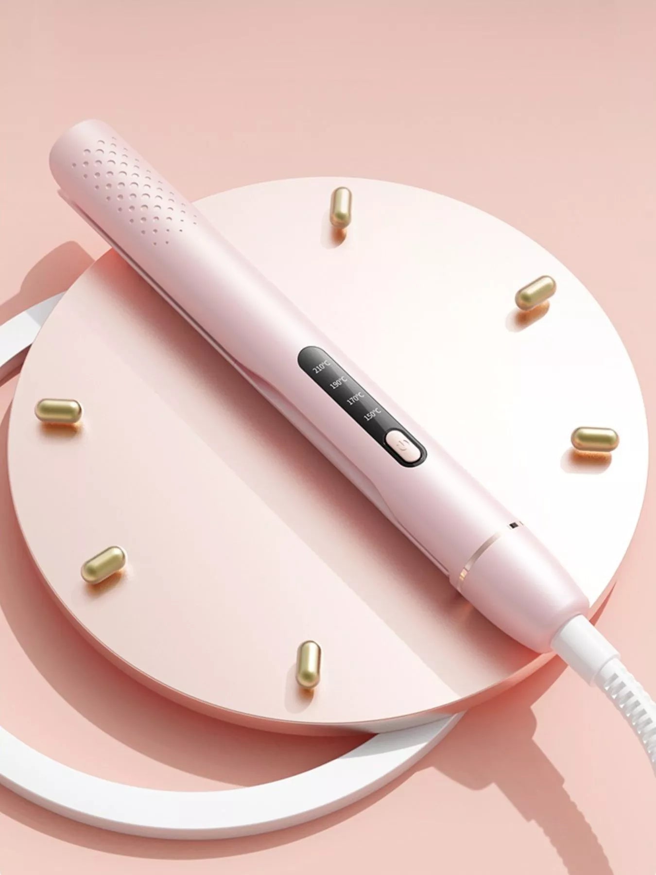 Blush Pink adjustable hair straightener with control panel and long cord