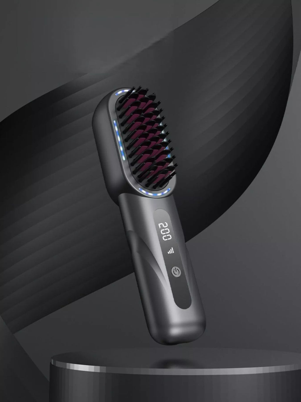Dark gray straightening comb with black bristles and glowing blue edge lights