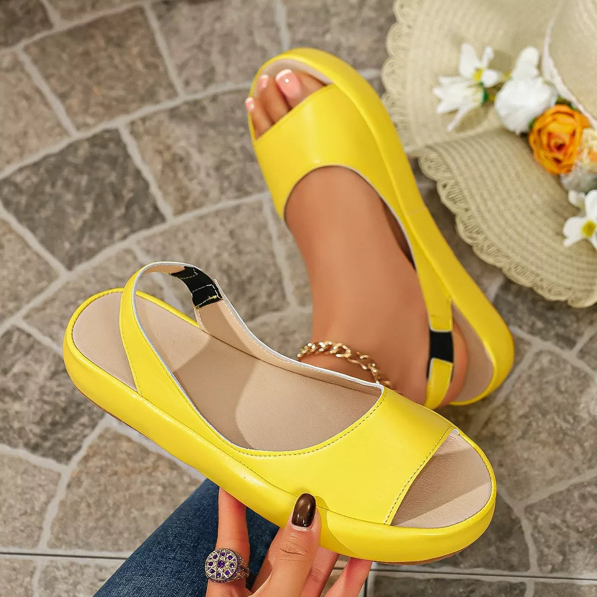 Yellow open-toe platform sandals, side view with chunky platform sole