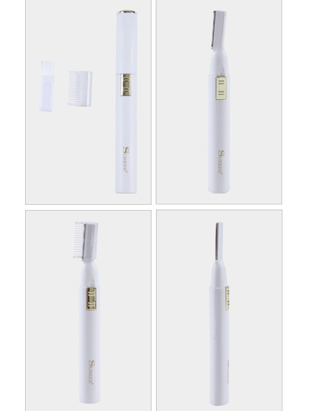 White eyebrow trimmer shown from multiple angles with comb/guard