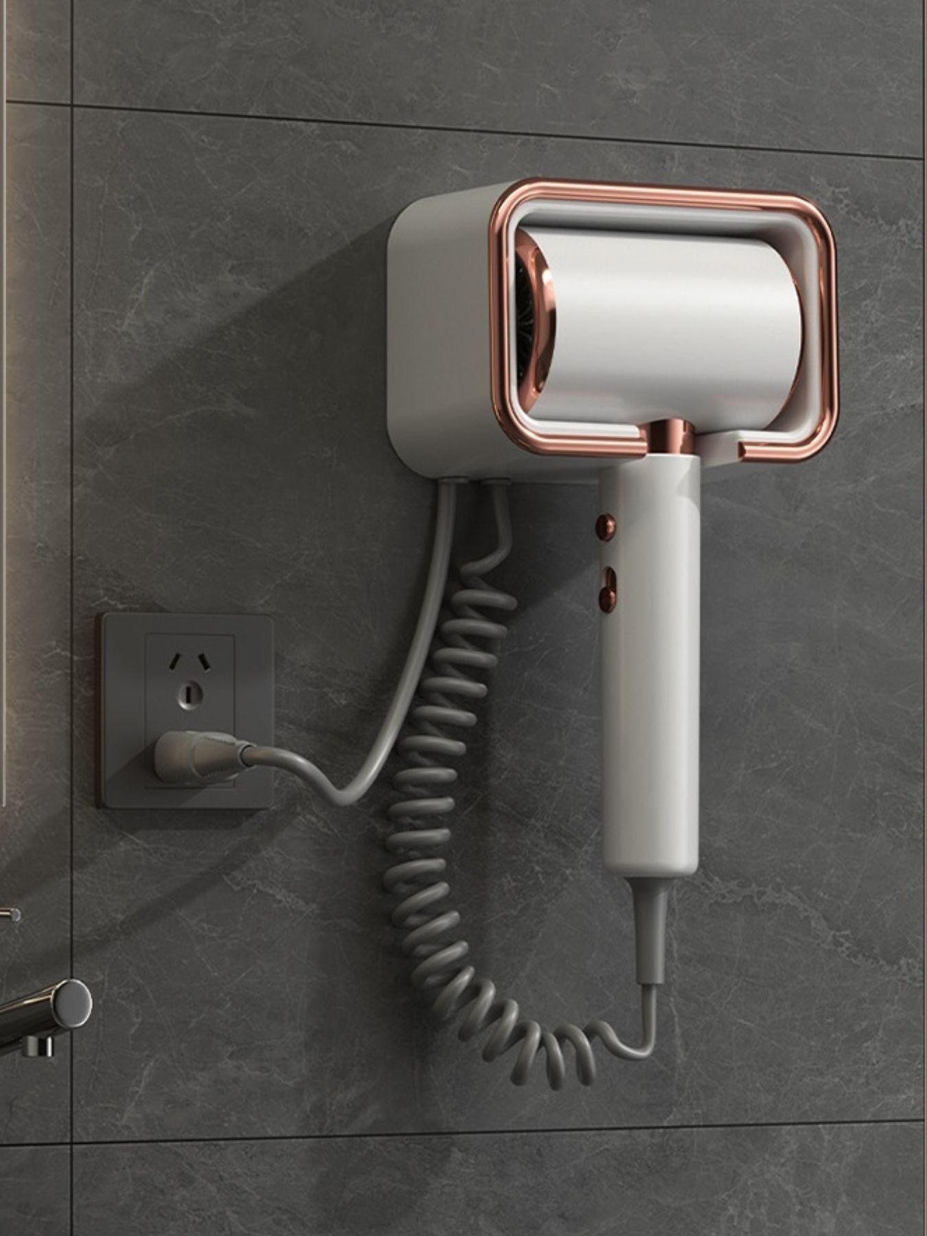 Multi-speed household hair dryer, white body with rose-gold grille and cord