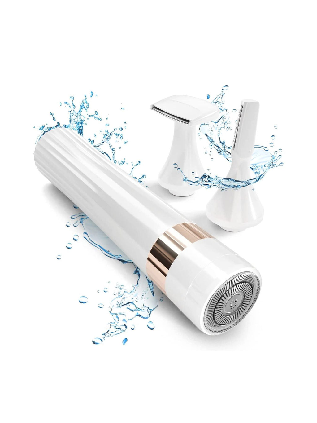 White electric epilator with metal-toned roller and head attachment