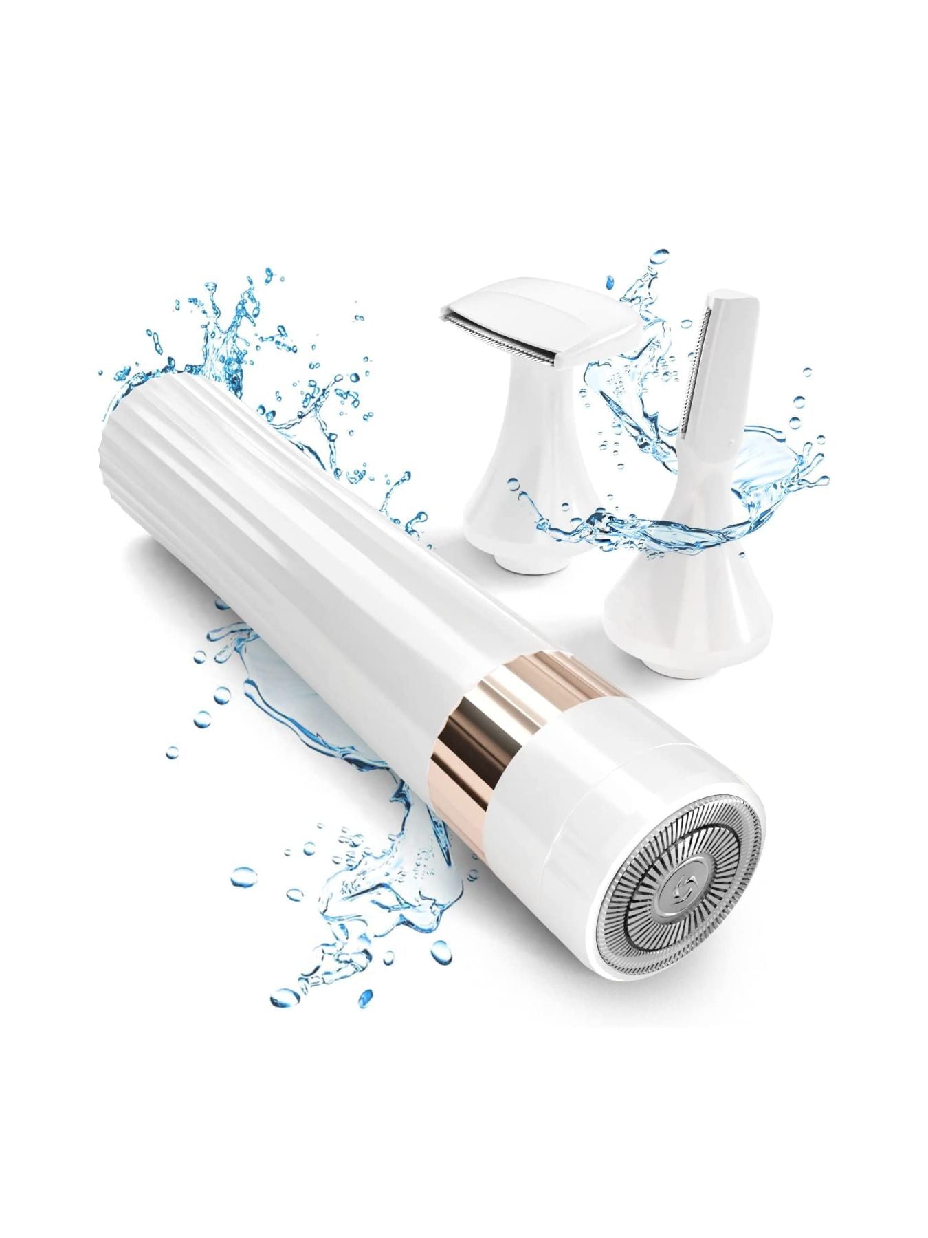 White electric epilator with metal-toned roller and head attachment