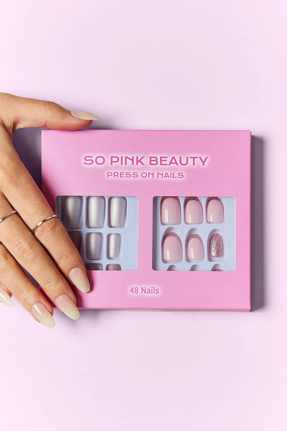 SO PINK BEAUTY press on nails box, Blush Bliss: silver metallic and soft pink styles