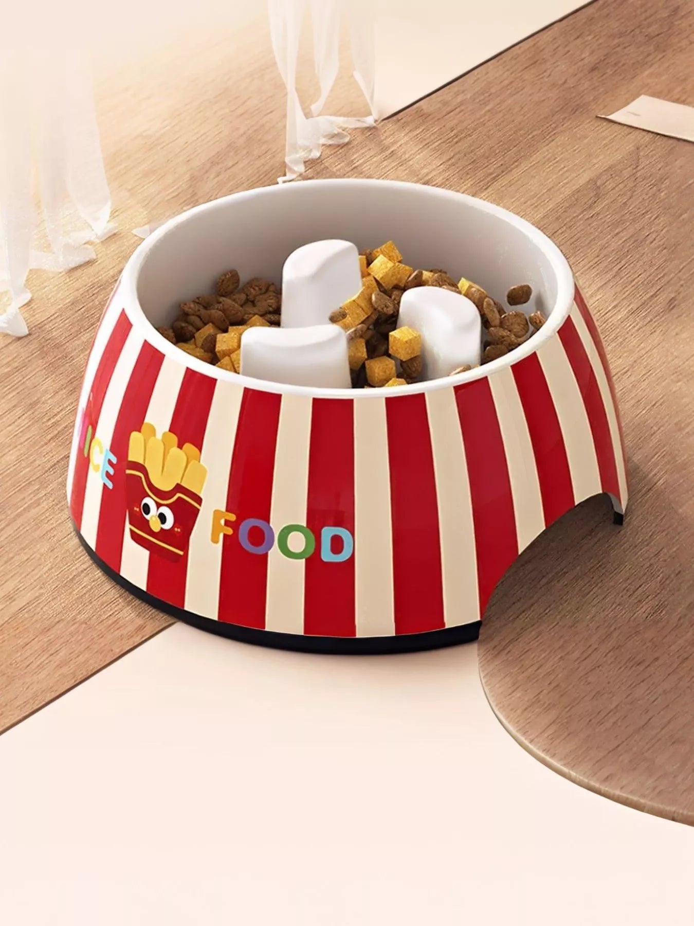 Cute Cartoon Pattern Pet Bowl, red striped design with food and white inserts