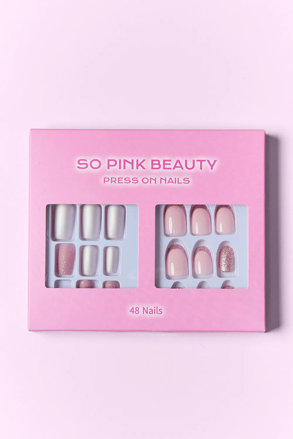 SO PINK BEAUTY press on nails box, Blush Bliss: cool gray metallic and pink glitter accents