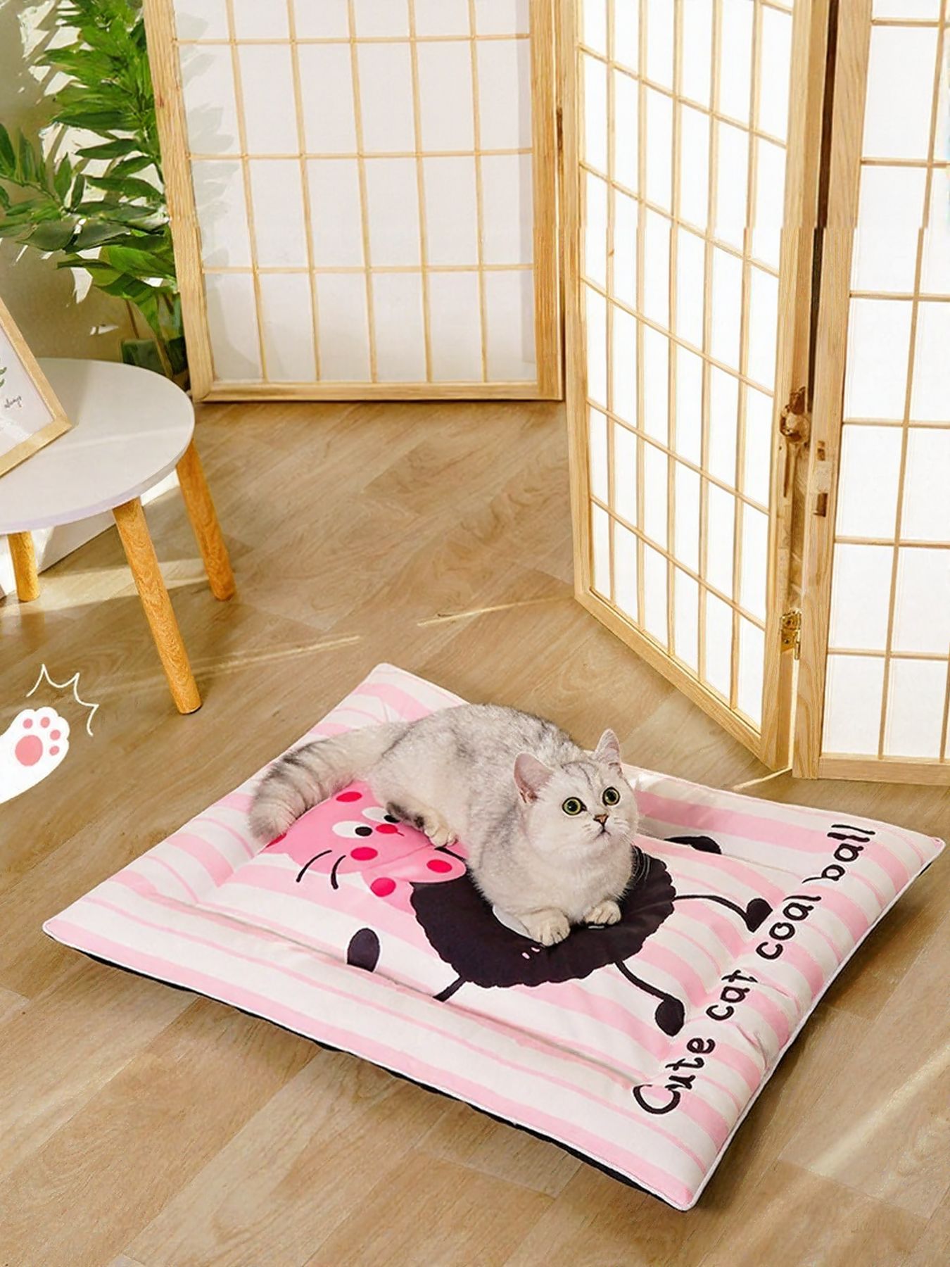 Cat Striped Pet Mat & Bed with pink-and-white striped cover and seated cat graphic