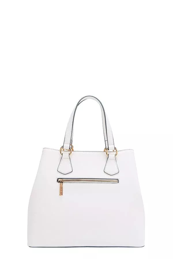 White tote handbag with top handles and front zipper pocket, clean minimalist design