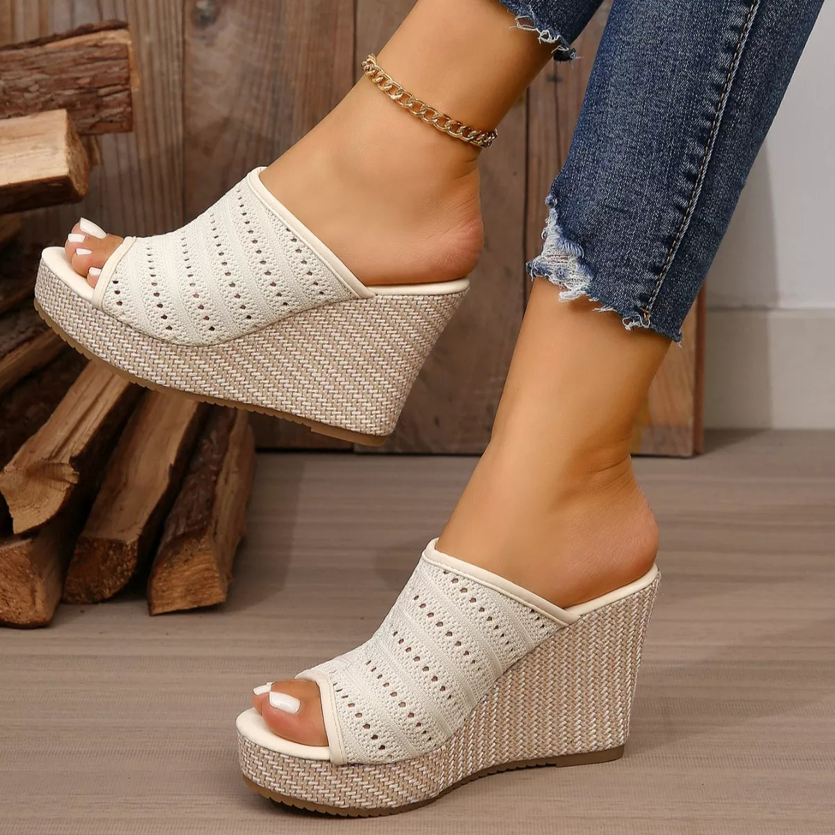 Open Toe Wedge Sandals Beige, open-toe slide with perforated knit and high wedge