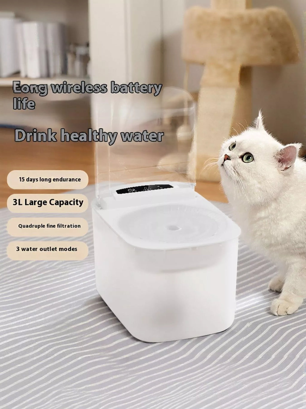 Automatic Pet Water Fountain, weißer Behälter mit Filtereinsatz und Pumpenplatte
