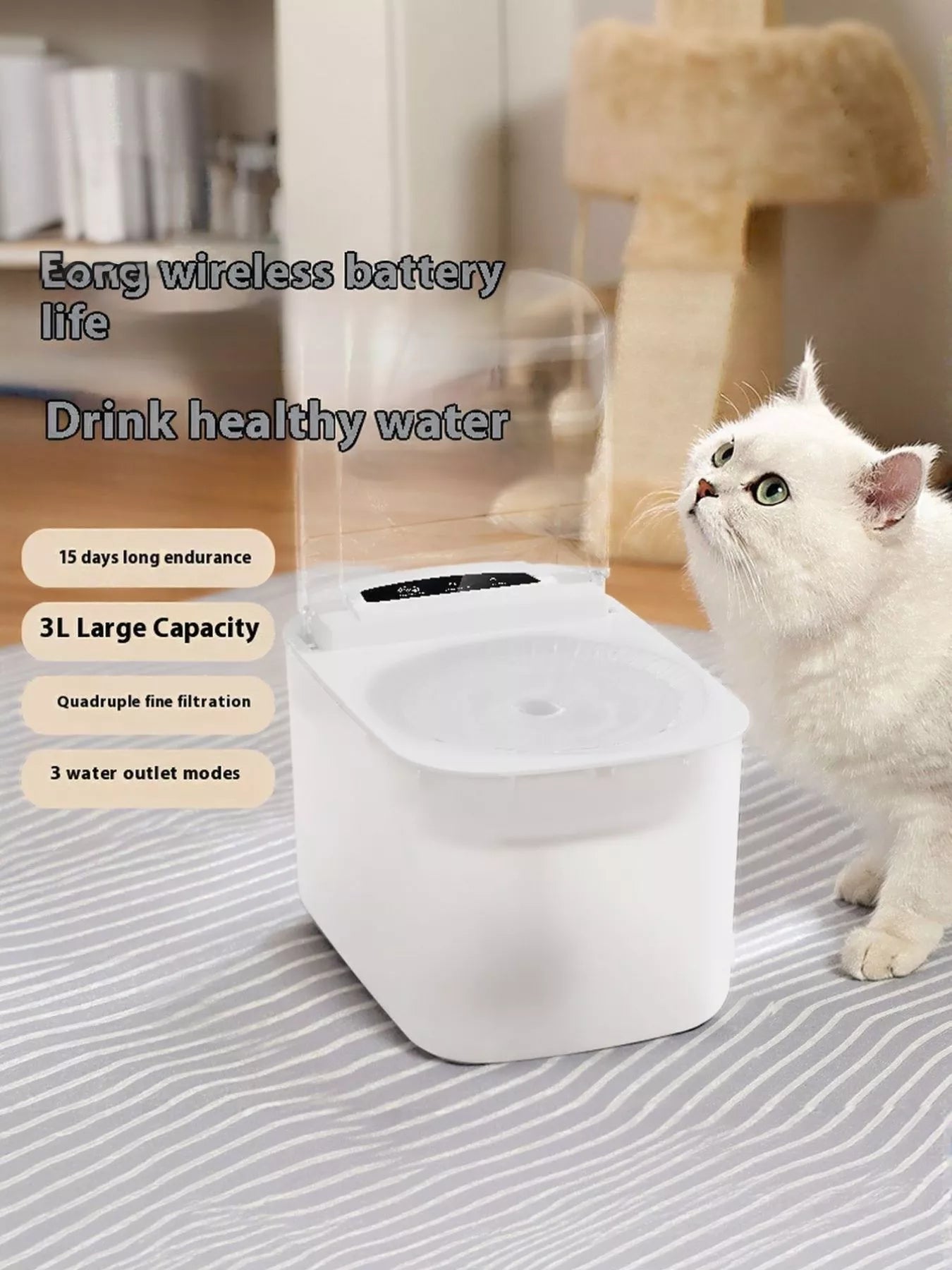 Automatic Pet Water Fountain, weißer Behälter mit Filtereinsatz und Pumpenplatte
