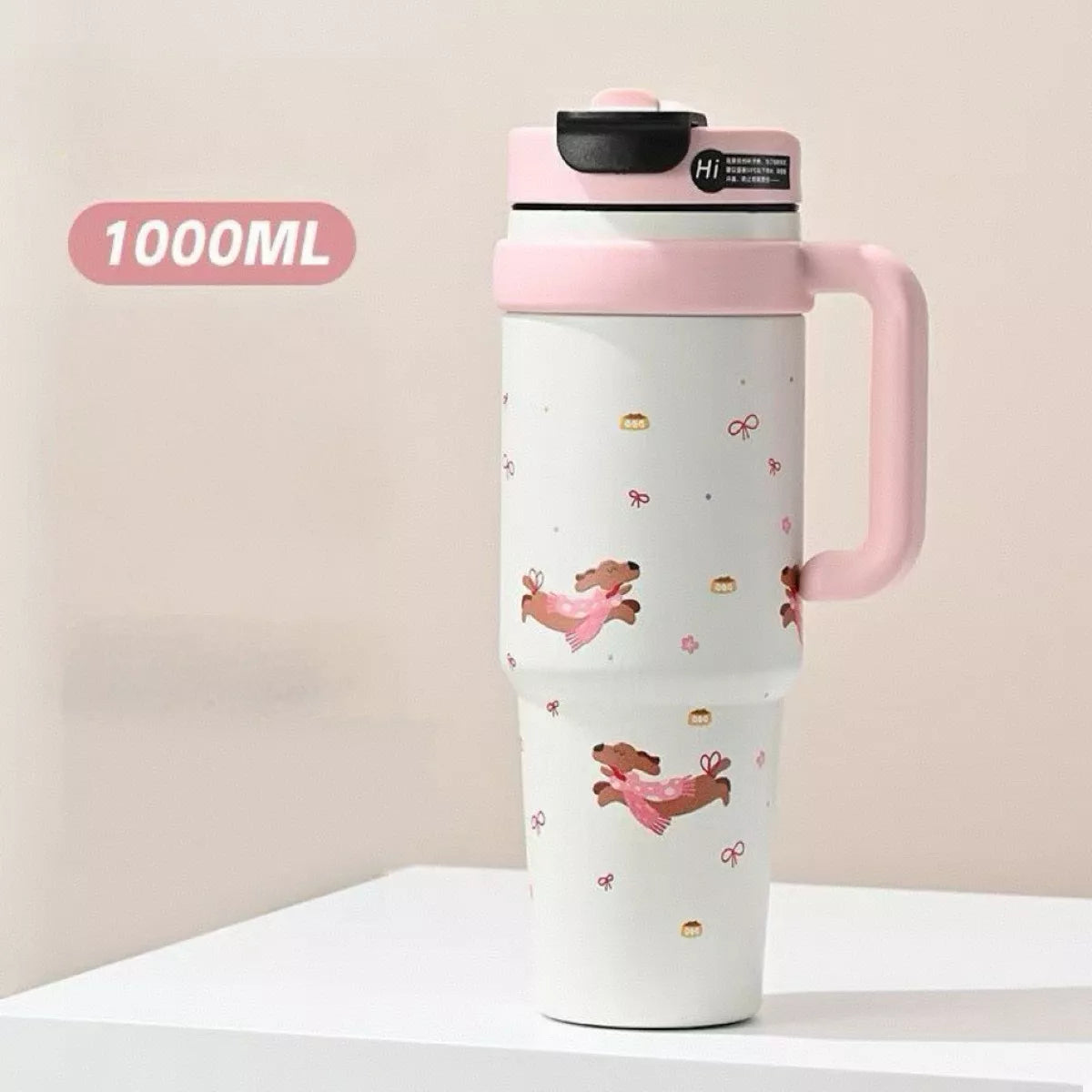 Pink 1000ML water bottle with straw, handle, printed bear-heart design