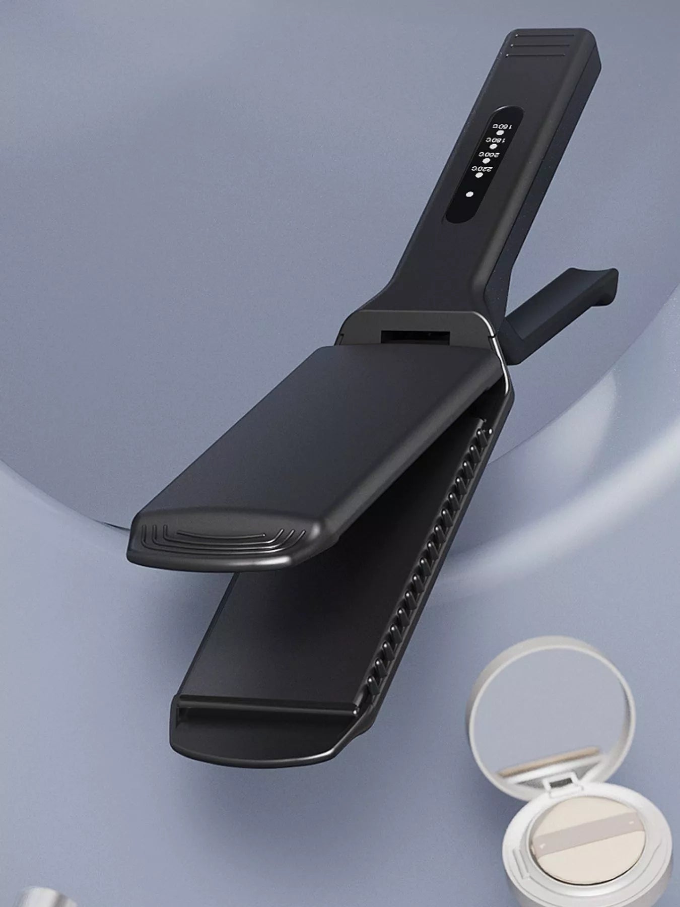 Black adjustable temperature hair straightener with open plates and control panel