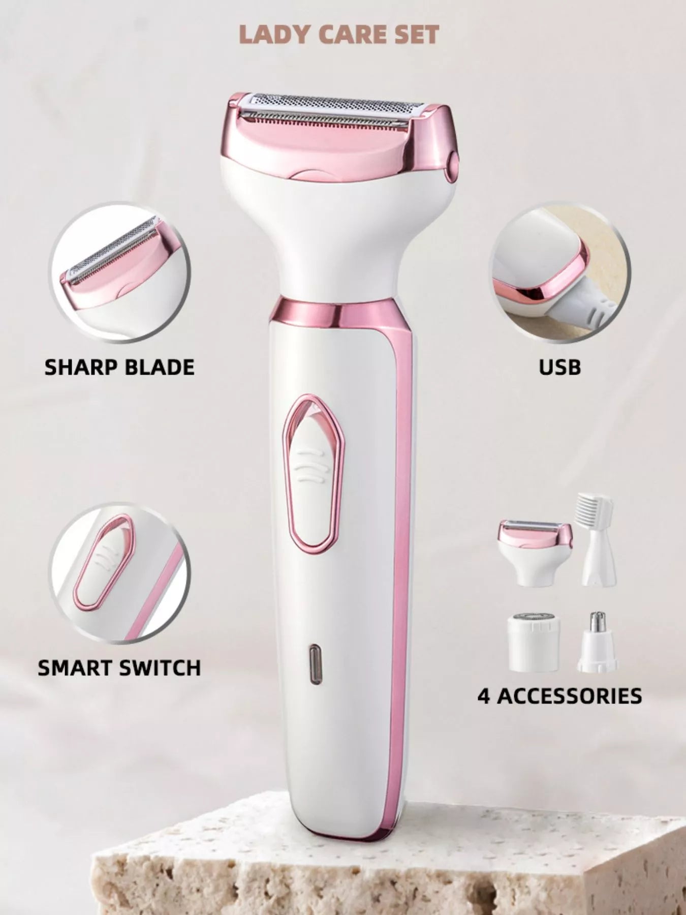 4-in-1 hair remover with smart switch and USB port, white and pink; 4 attachments
