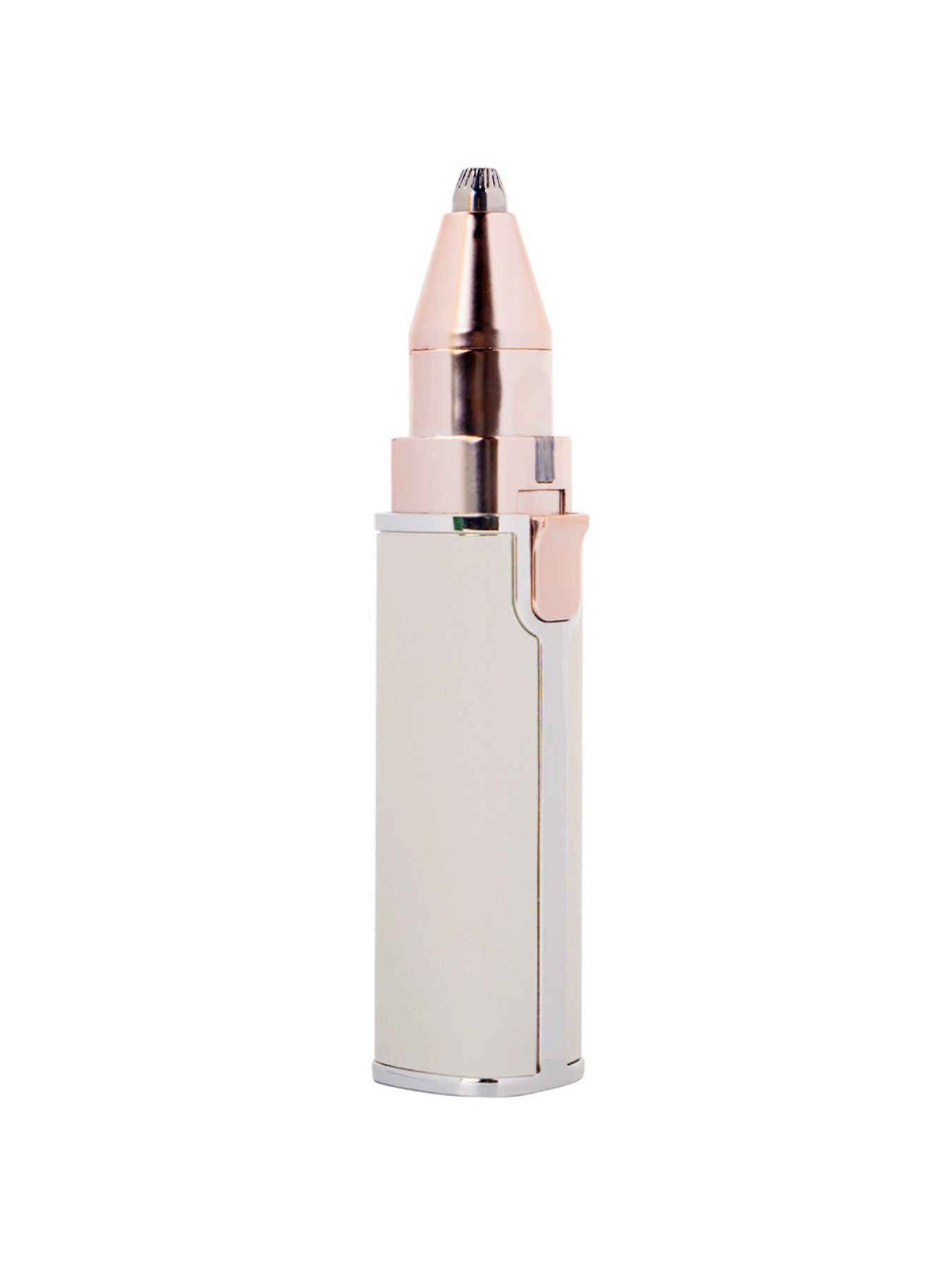 Beige eyebrow trimmer with metal tip and side switch on the white body