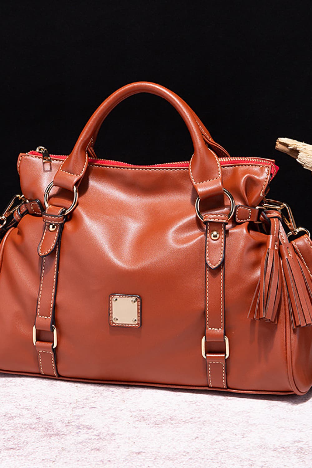 PU-Leder-Handtasche mit Fransen, braun-karamell, Doppelhenkel und Schultergurt