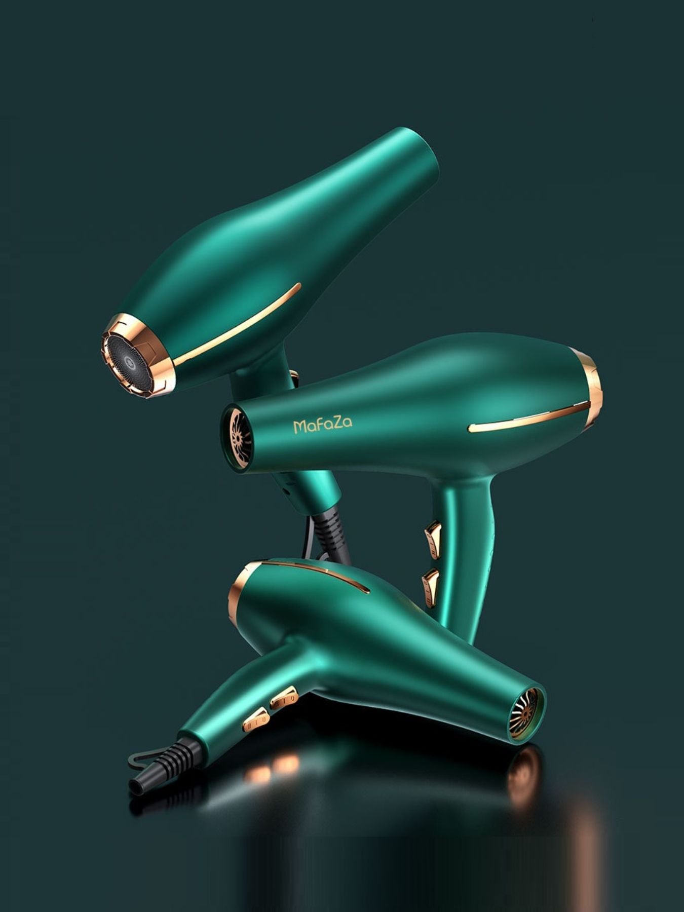 Adjustable temperature hair dryer in Grün, mit Aufsatzdüse und Drehreglern am Griff