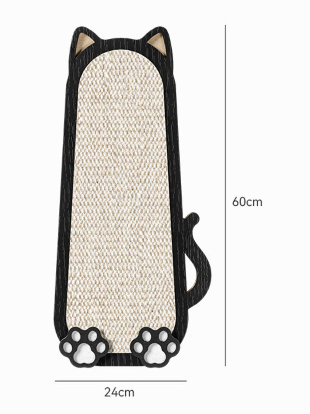 Cat-shaped scratching post, beige sisal panel with black outline and paw applique