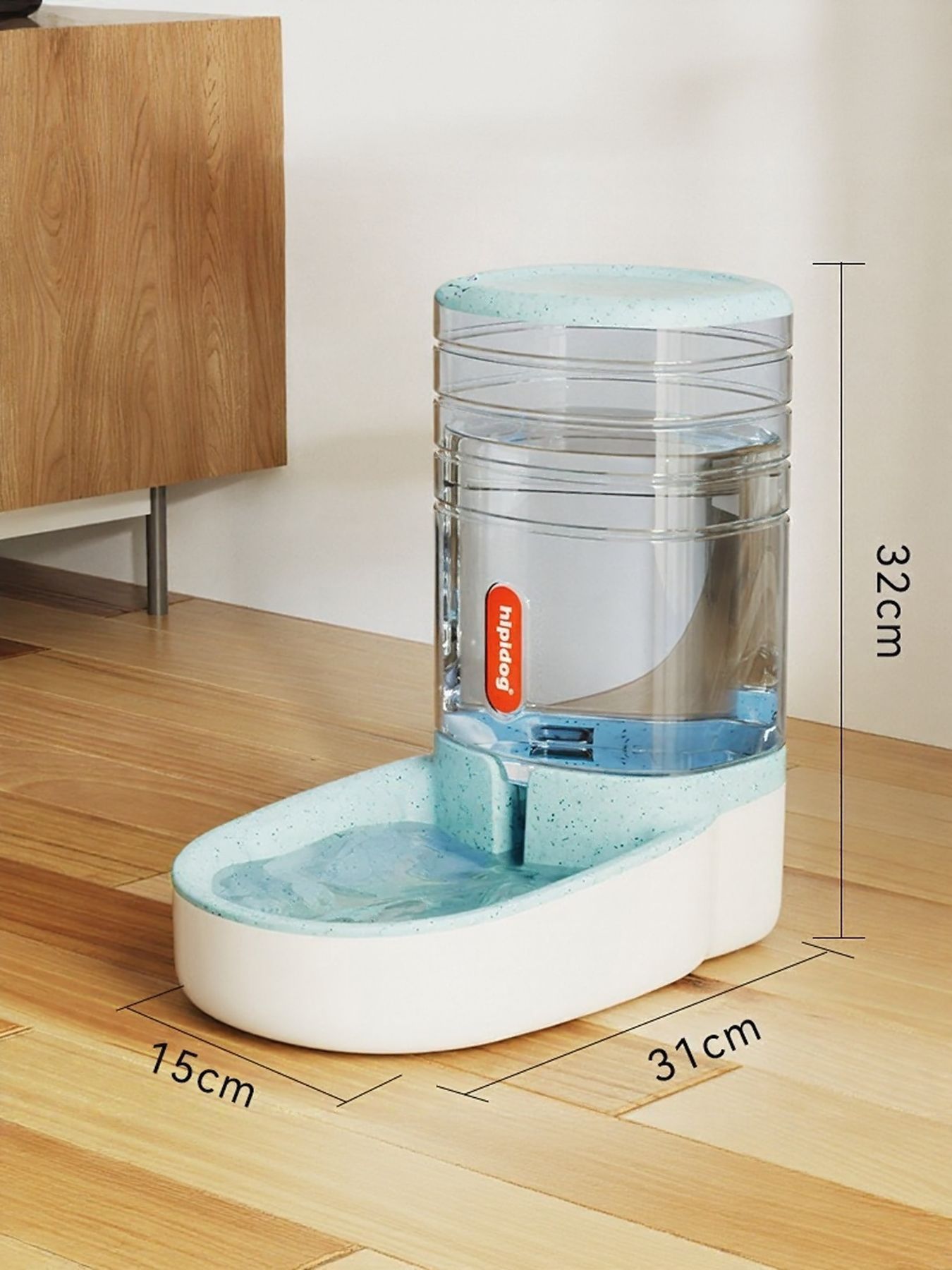 Light blue automatic water dispenser with clear tank, blue water reservoir, white base