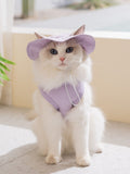 Lavender pet tank with hood and drawstrings on a cat