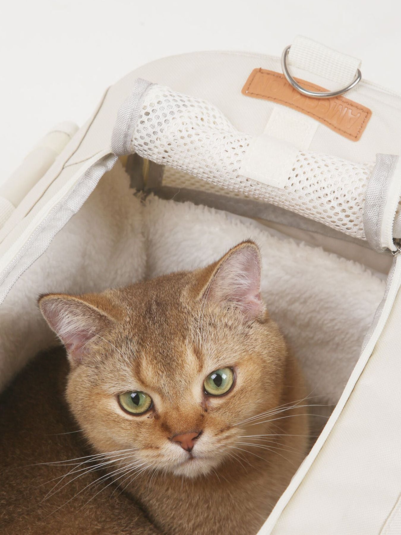 Pet carrier bag liner with mesh window and plush bedding, cat inside, white.