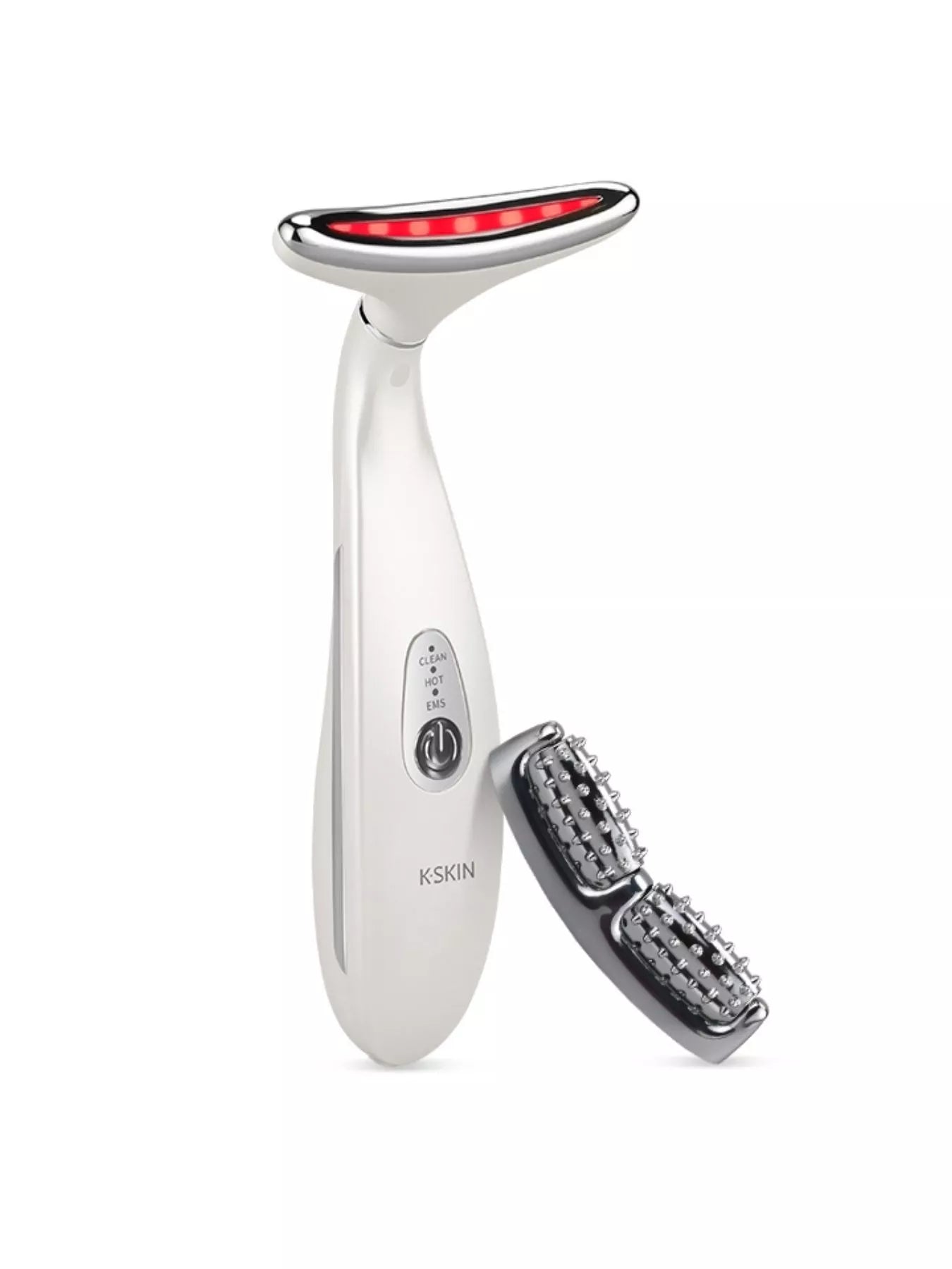 White massager base with red LED ring and separate textured roller attachment