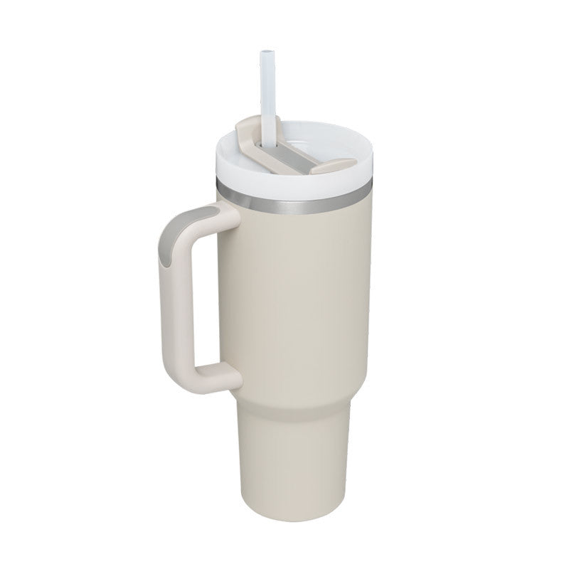 40 oz insulated tumbler with handle, straw & lid in cream-beige