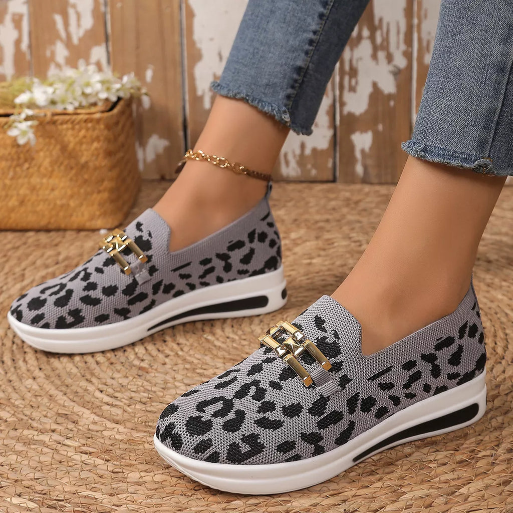 Leopard mesh slip-on sneakers in gray with gold buckle detail and white sole