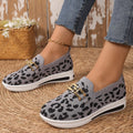 Leopard mesh slip-on sneakers in gray with gold buckle detail and white sole