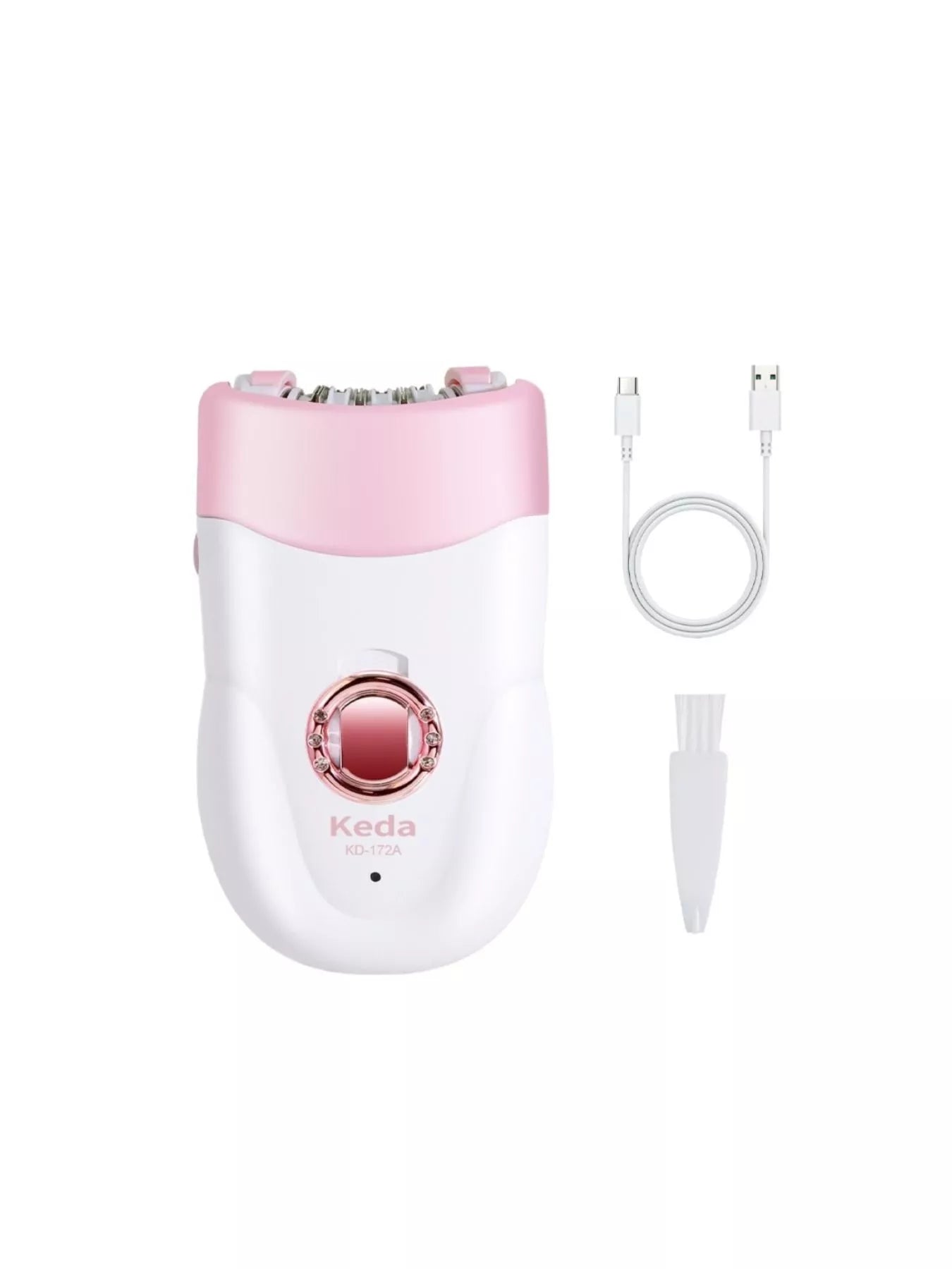 Electric clip hair remover in white and pink with charging cable and attachment tool