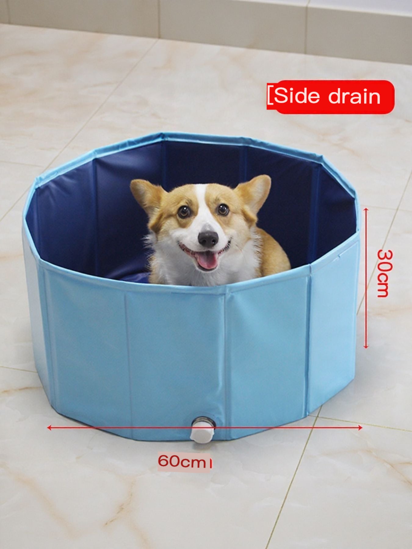 Foldable pet bath pool, blue; 60cm diameter x 30cm height; side drain