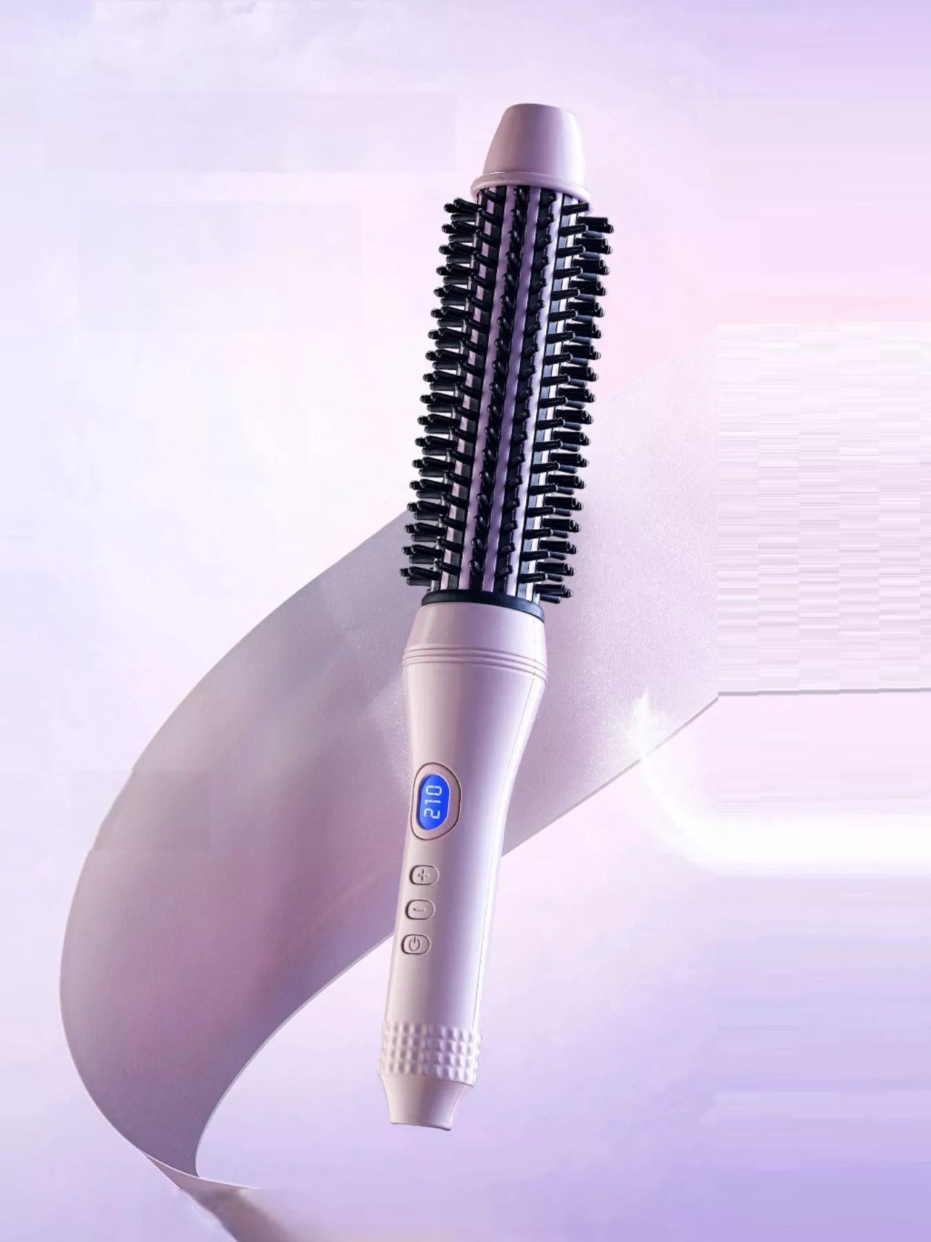 Pink-purple fast heating hot air brush angled view with black bristles on round barrel