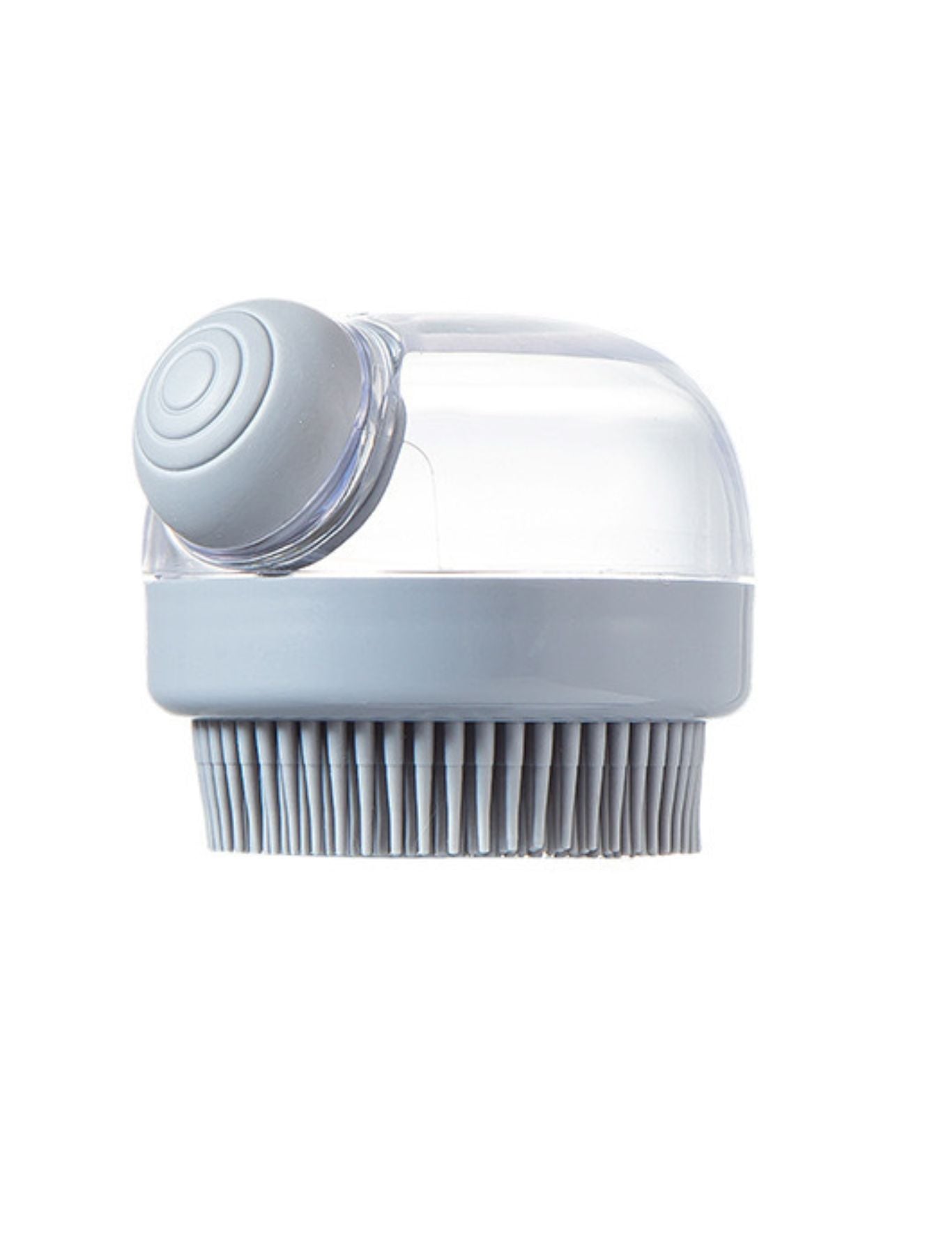 Soft Pet Shower Brush in gray with bristle base and clear top cover