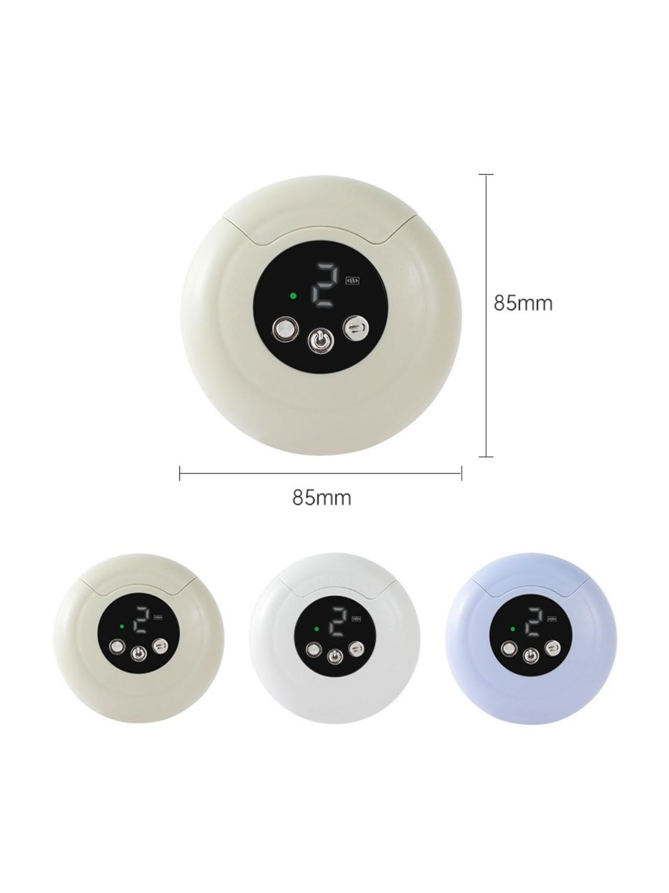 Nail buffer polisher dimensions: 85mm round device shown in white, beige, and blue