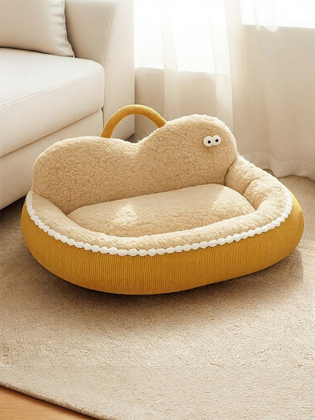 Ginger-yellow cartoon pet nest, plush interior and handle