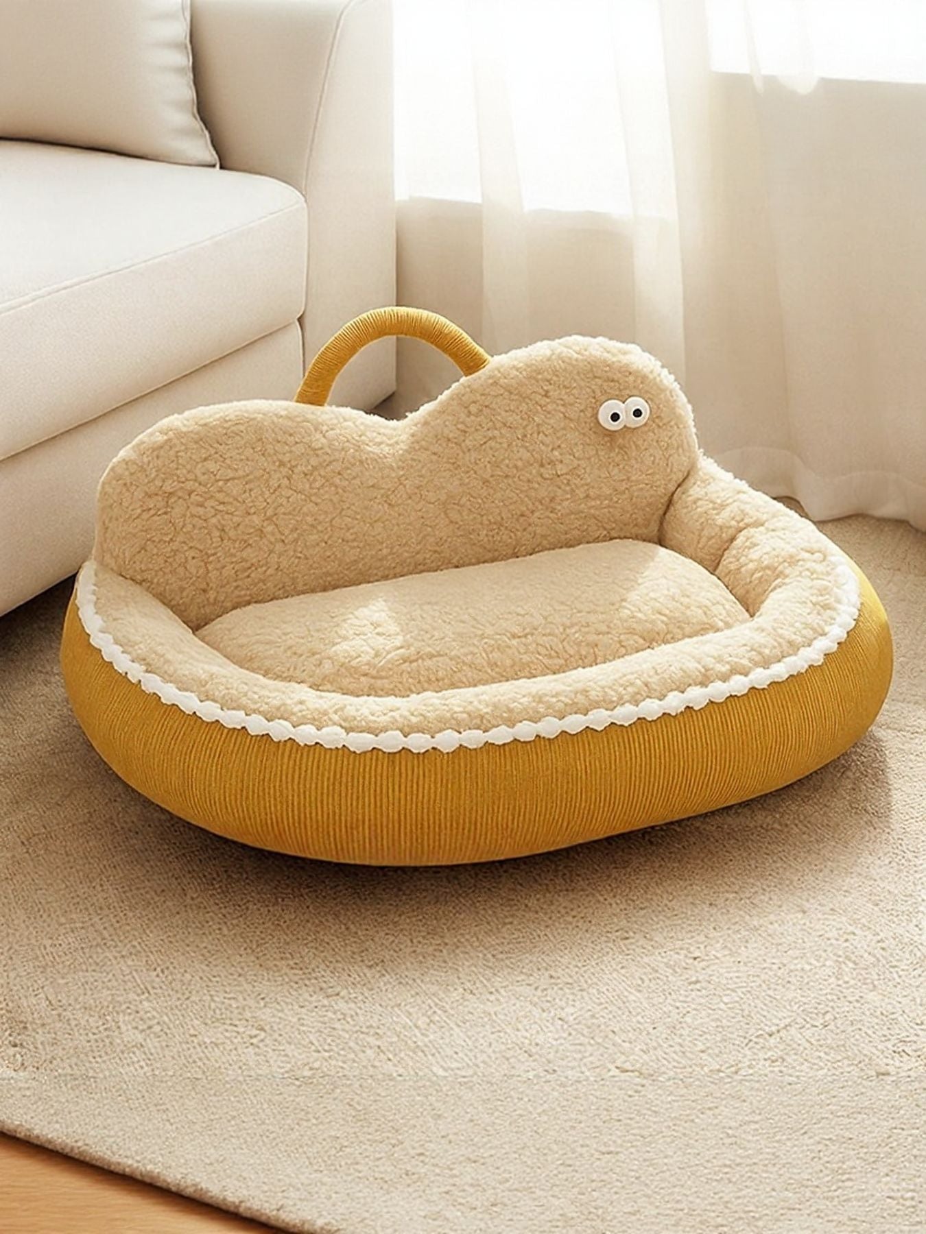 Ginger-yellow cartoon pet nest, plush interior and handle