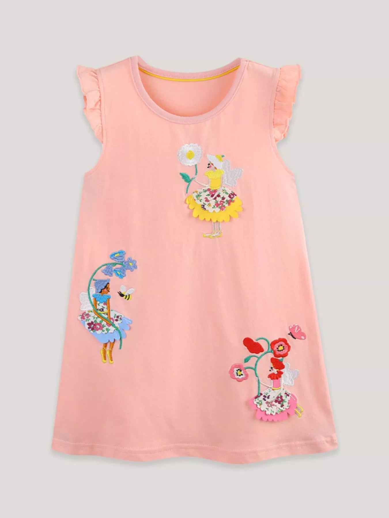 Watermelon pink Kleid mit Rüschenärmeln, Blumenstickereien auf Vorderseite