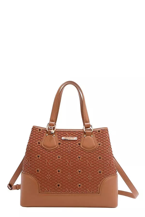 Rhinestone monogram pattern handbag, tan brown with top handles and shoulder strap