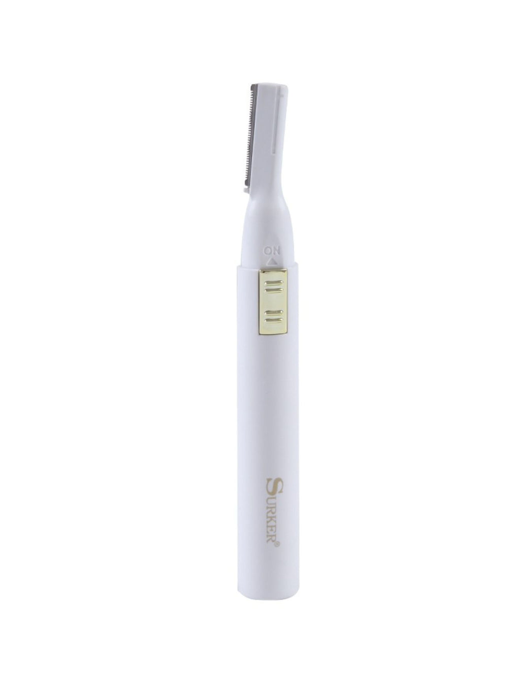 White handheld eyebrow trimmer with raised comb head