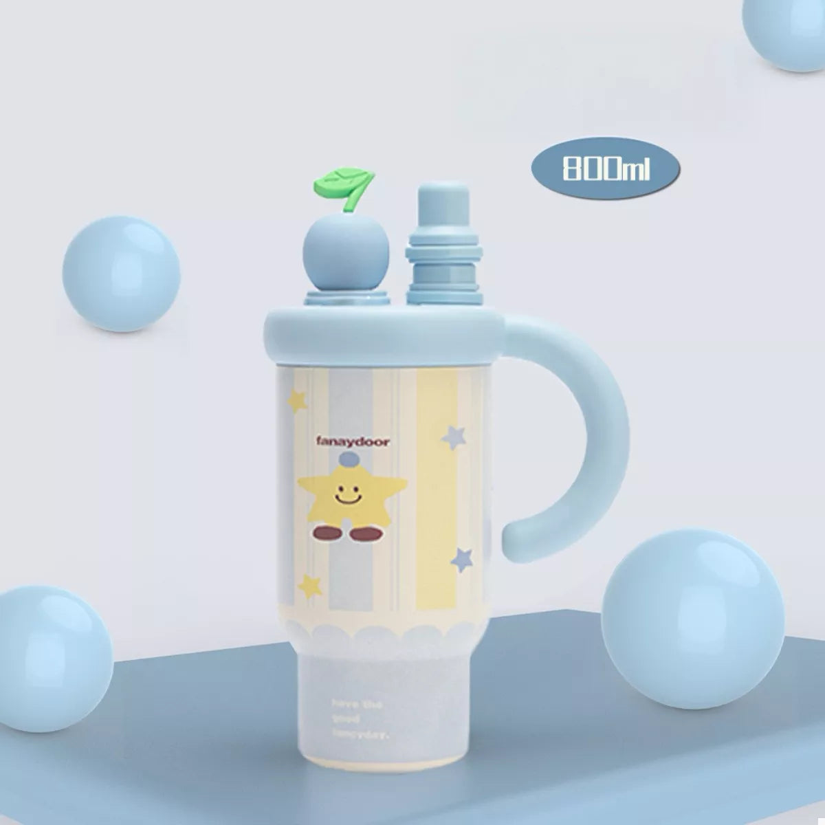 Light blue cartoon water bottle with straw, handle, and 800 ml capacity
