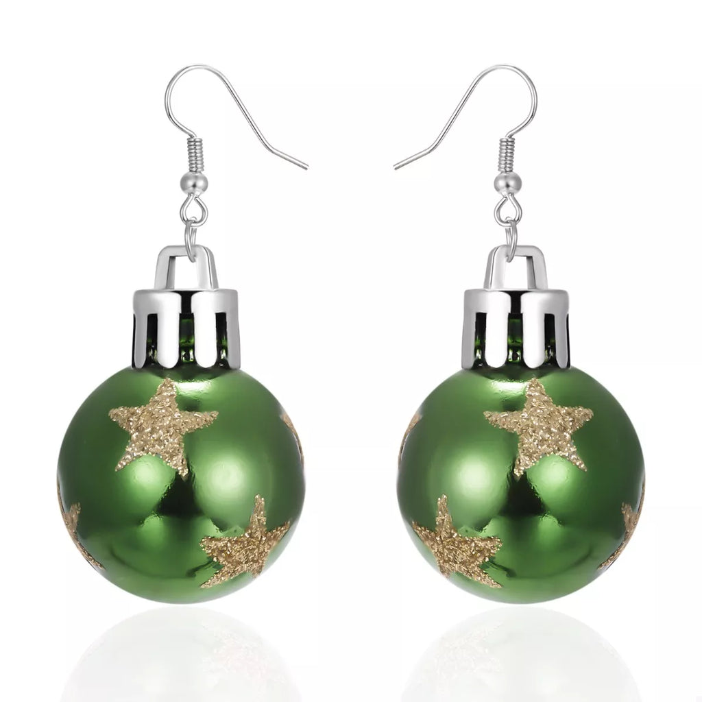 Dark green ball drop earrings with gold star detail, silver-tone top and hook