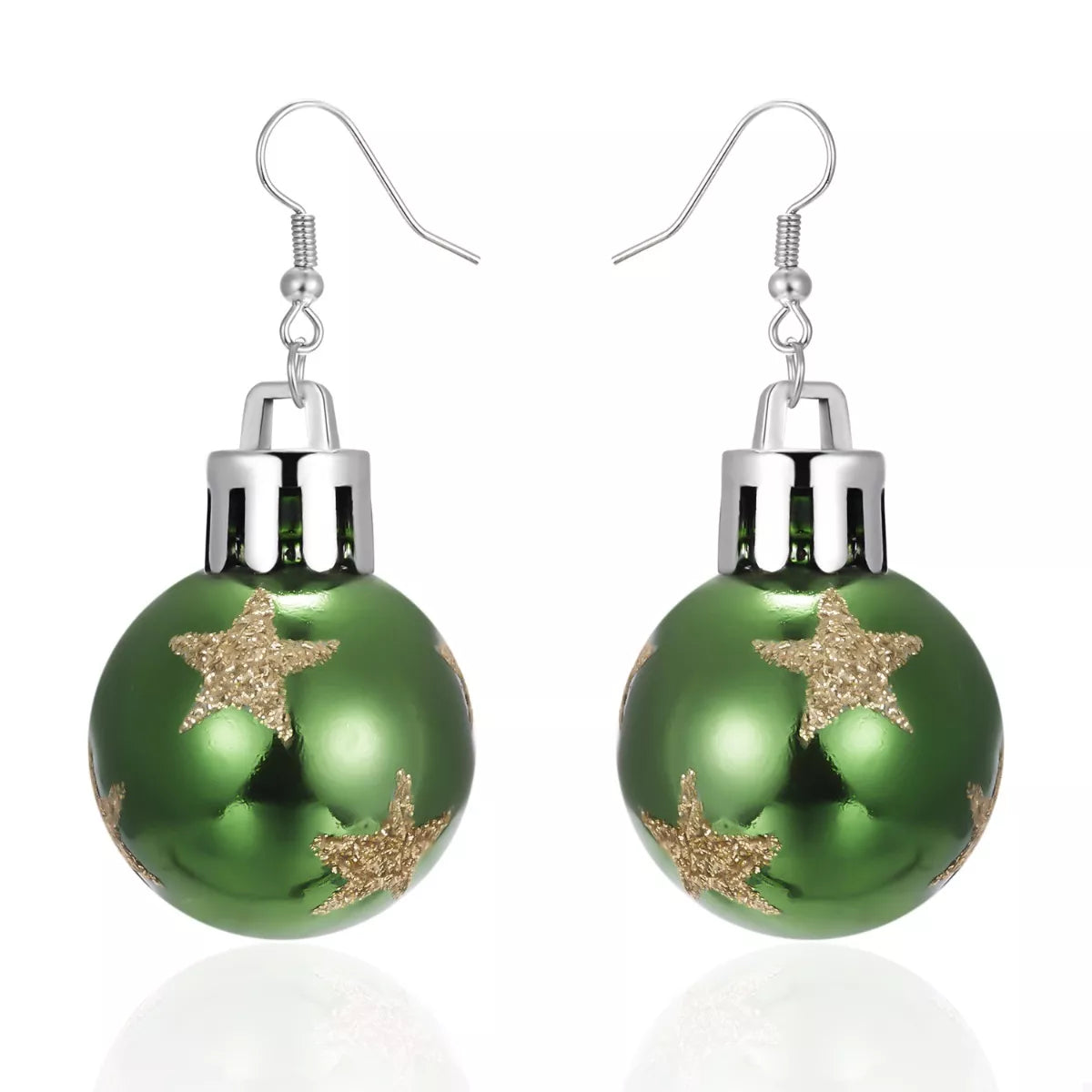 Dark green ball drop earrings with gold star detail, silver-tone top and hook