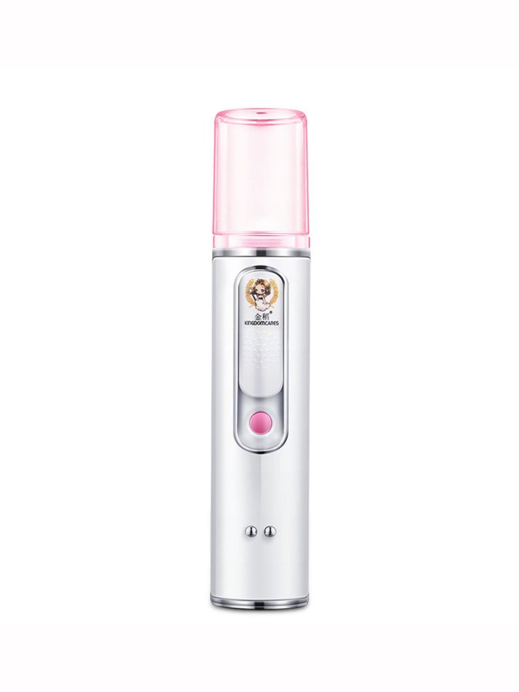 Portable facial mister nano sprayer, white body with visible front control button