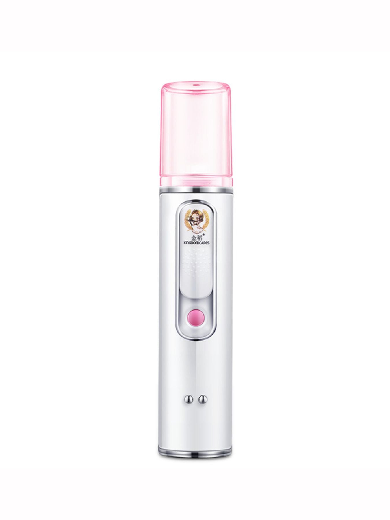 Portable facial mister nano sprayer, white body with visible front control button