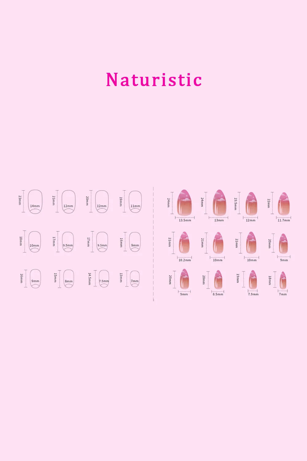 SO PINK BEAUTY Naturistic press-on nails size guide with nail shapes and measurements