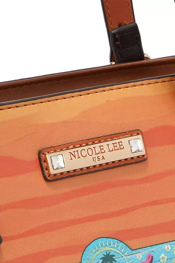 Nicole Lee USA logo plaque on tan-and-orange zip wallet