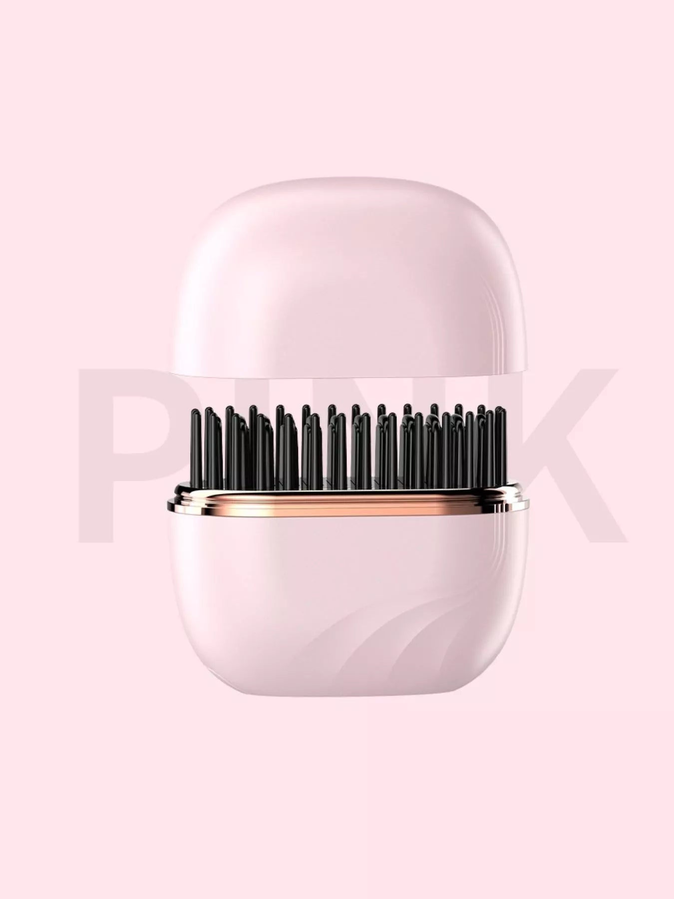 Blush pink portable comb with domed cover, rose-gold rim, black heating teeth