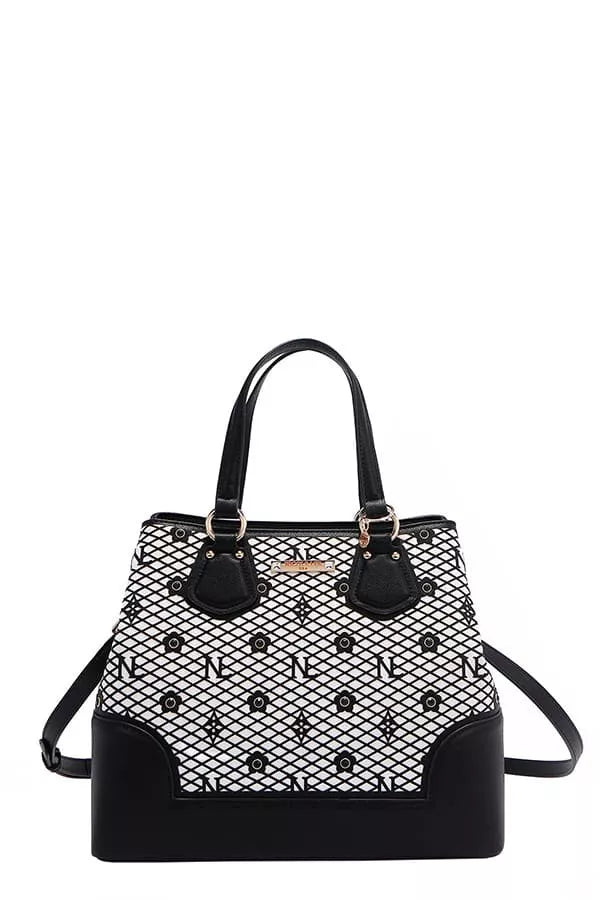 Black and white lattice monogram handbag with rhinestone details and top handles