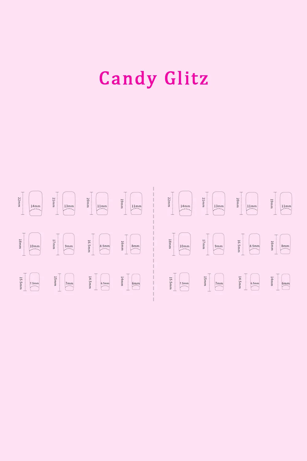 SO PINK BEAUTY Candy Glitz press-on nails size guide with nail shapes and measurements